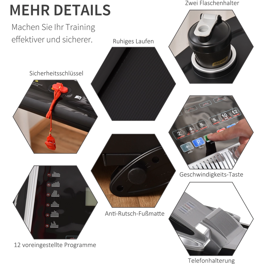 HOMCOM Laufband Ideales Training, Getränkehalter, Handyhalter Schwarz, Grau