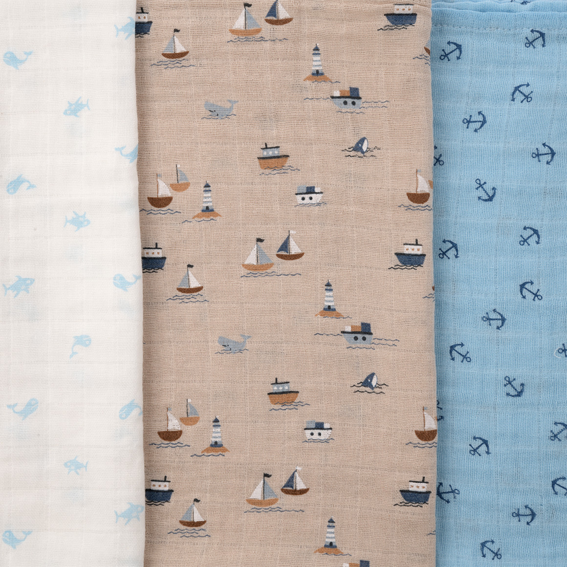 Topomini 3 Musselintücher 60 x 60 cm blau / beige / weiss