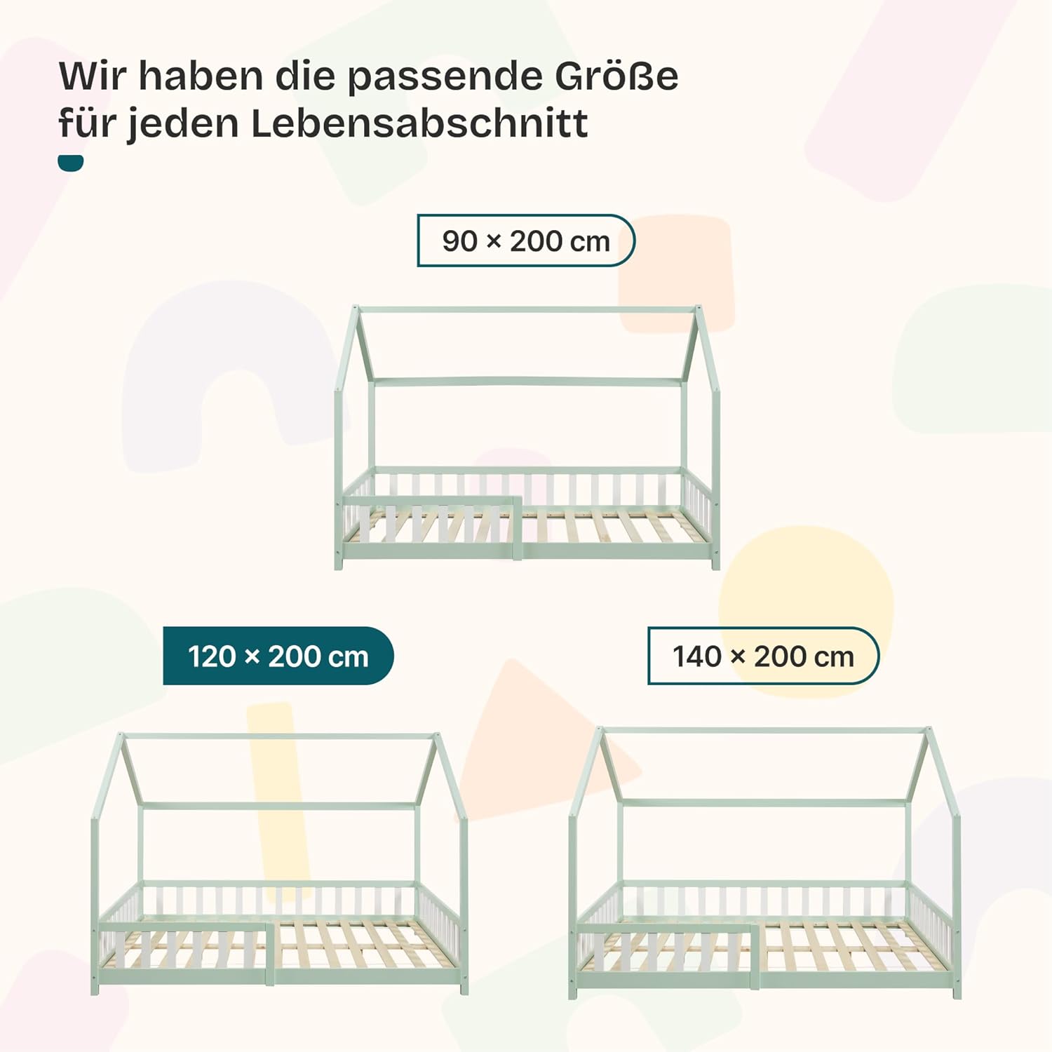 [en.casa] Kinderbett Hesel Hausbett Mintgrün 120 x 200 cm mit Rausfallschutz und Lattenrost Montessori Bodenbett Jugendbett Holzbett