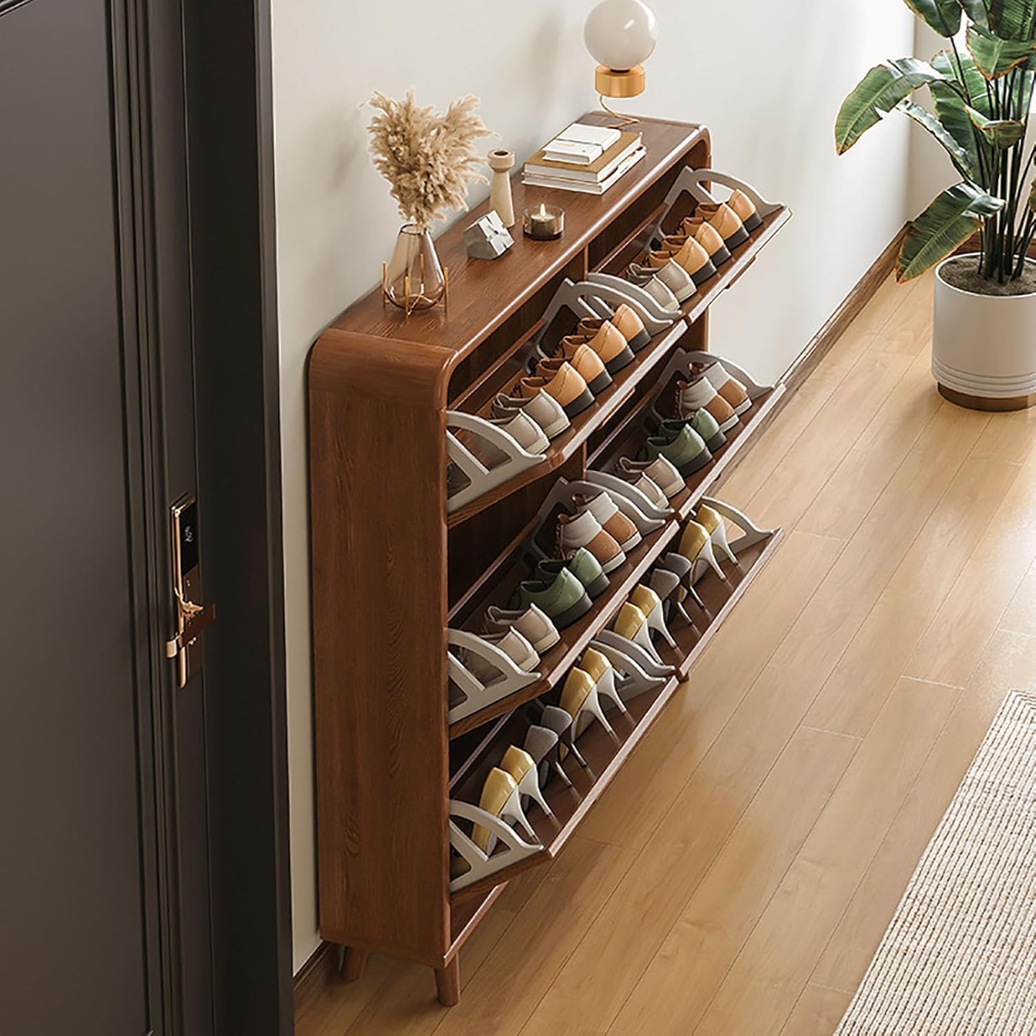 Schmaler Schuhschrank aus Holz, zum Herunterziehen, für Flur, Tumbler, Schuhregal, Schränke, Schuh-Organizer mit Belüftungslöchern, Möbelaufbewahrung für Eingangsbereich, Schlafzimmer, Wohnzimmer