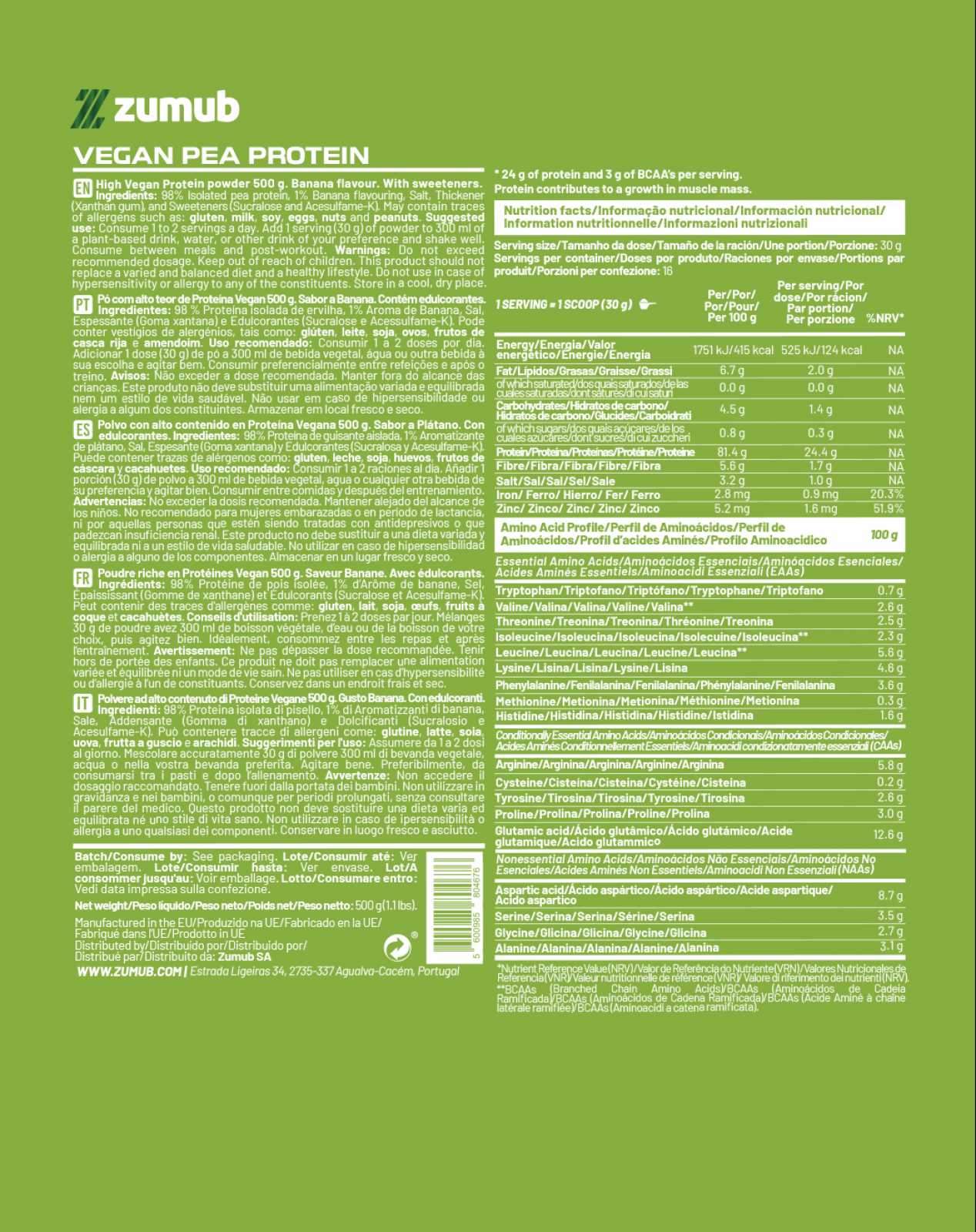 Proteína Vegana Zumub (Proteína de Ervilha) 30g