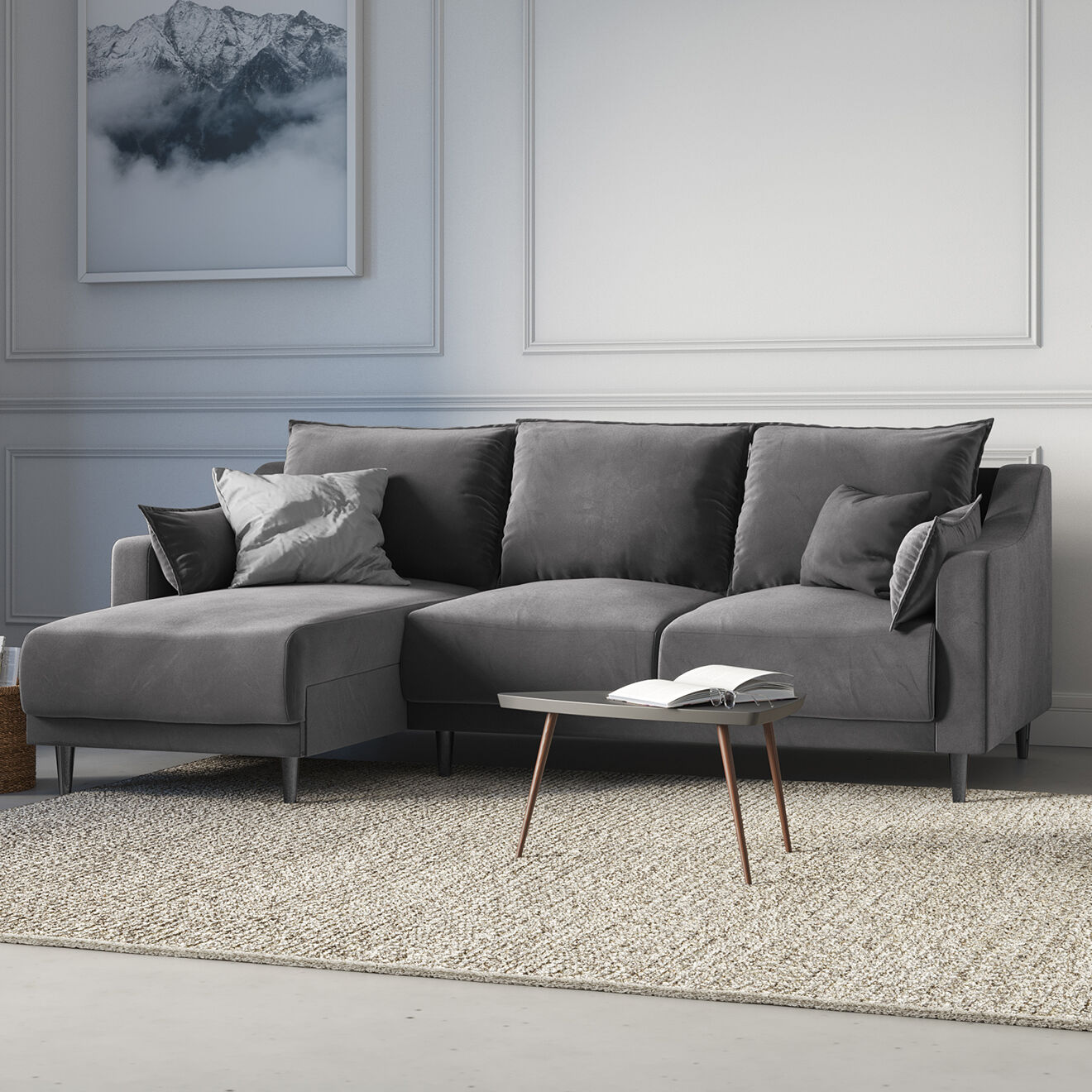 Mazzini Sofas Canapé d'angle Réversible Convertible avec Coffre en Velours Freesia gris clair - 220x150x90 cm