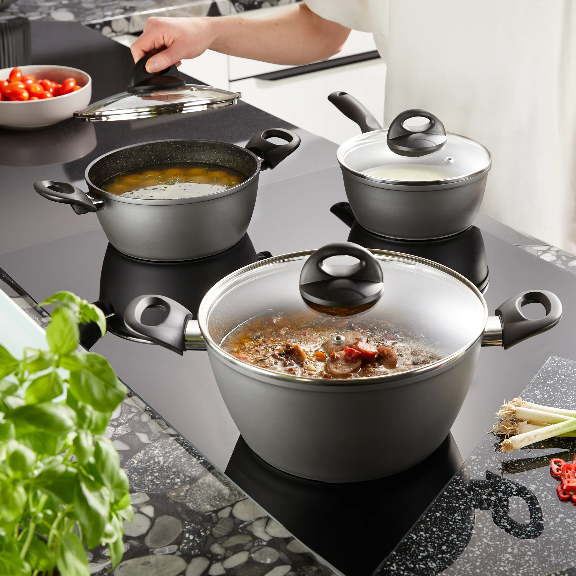 STONELINE® CERAMIC Kochgeschirr-Set, 6-tlg. mit Glasdeckeln