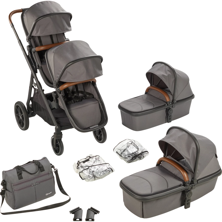 babyGO Geschwisterwagen Duo Grey  brown grip