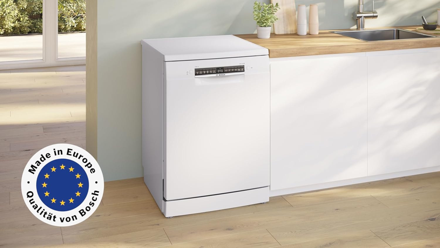 Bosch Geschirrspüler 60 cm, Freistehend, Silence Programm, VarioFlex-Körbe und VarioSchublade - Flexibilität und Komfort beim Beladen, Automatisierte Startzeit, Extra Trocknen, SMS4HVW14E, Weiß