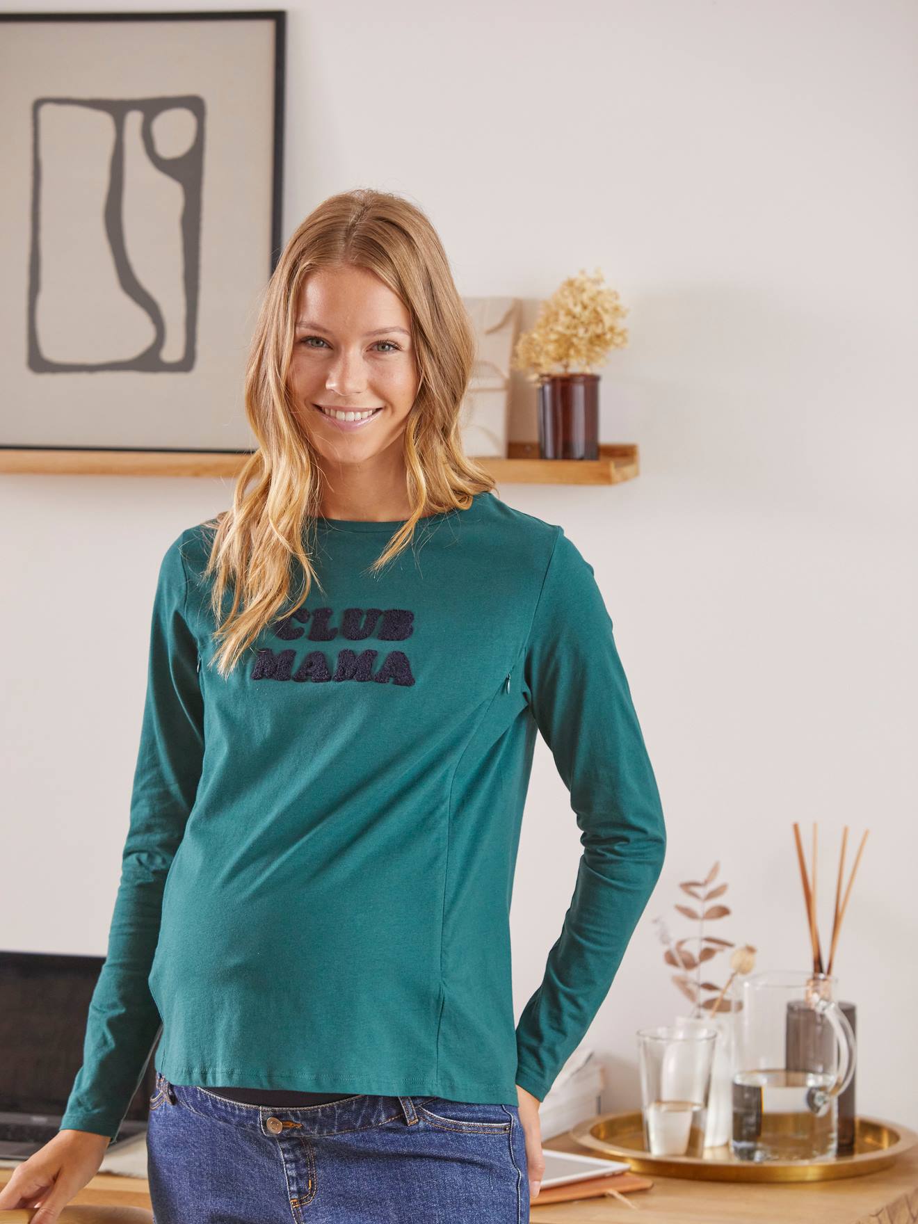 Camiseta lisa azul-escura de algodão orgânico para gestantes e lactantes com mensagem