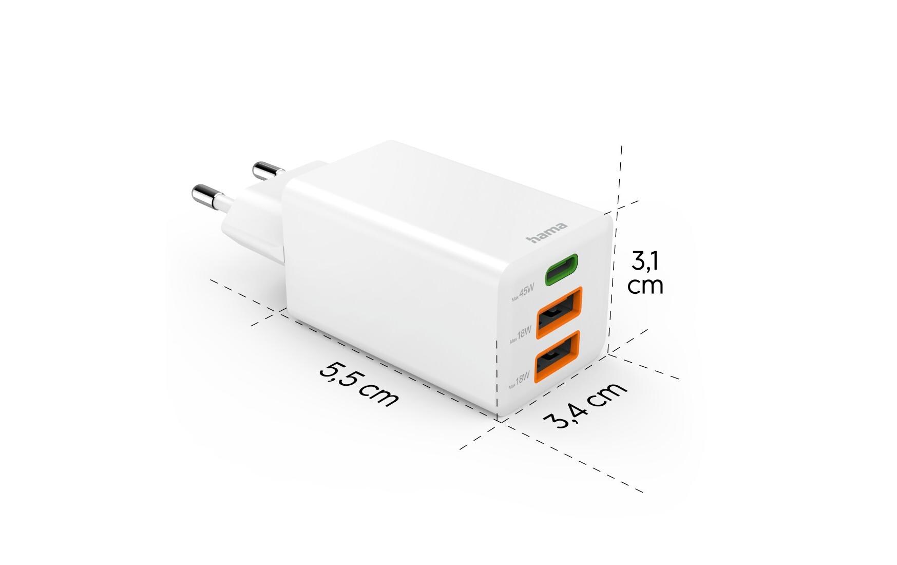 USB-Wandladegerät Gan charger 2x USB-A USB-C 45 W WeissSchnellladegerät mit 1x USB-C und 2x USB-A
