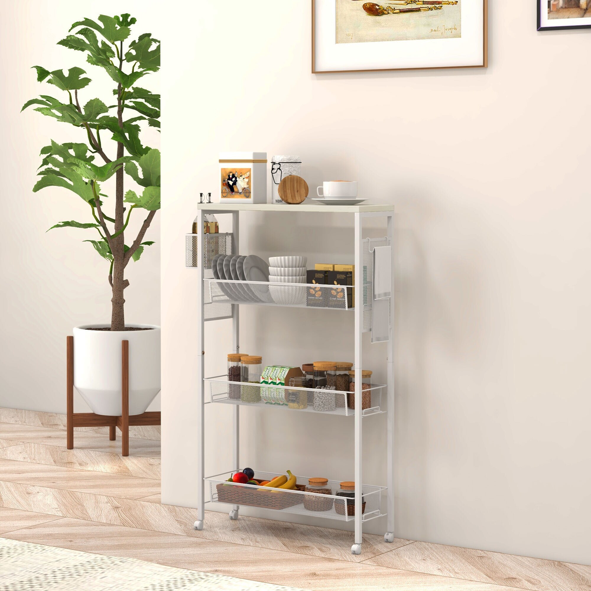 HOMCOM Küchenwagen mit Haken und 4 Ebenen weiß 58L x 18,5B x 87H cm