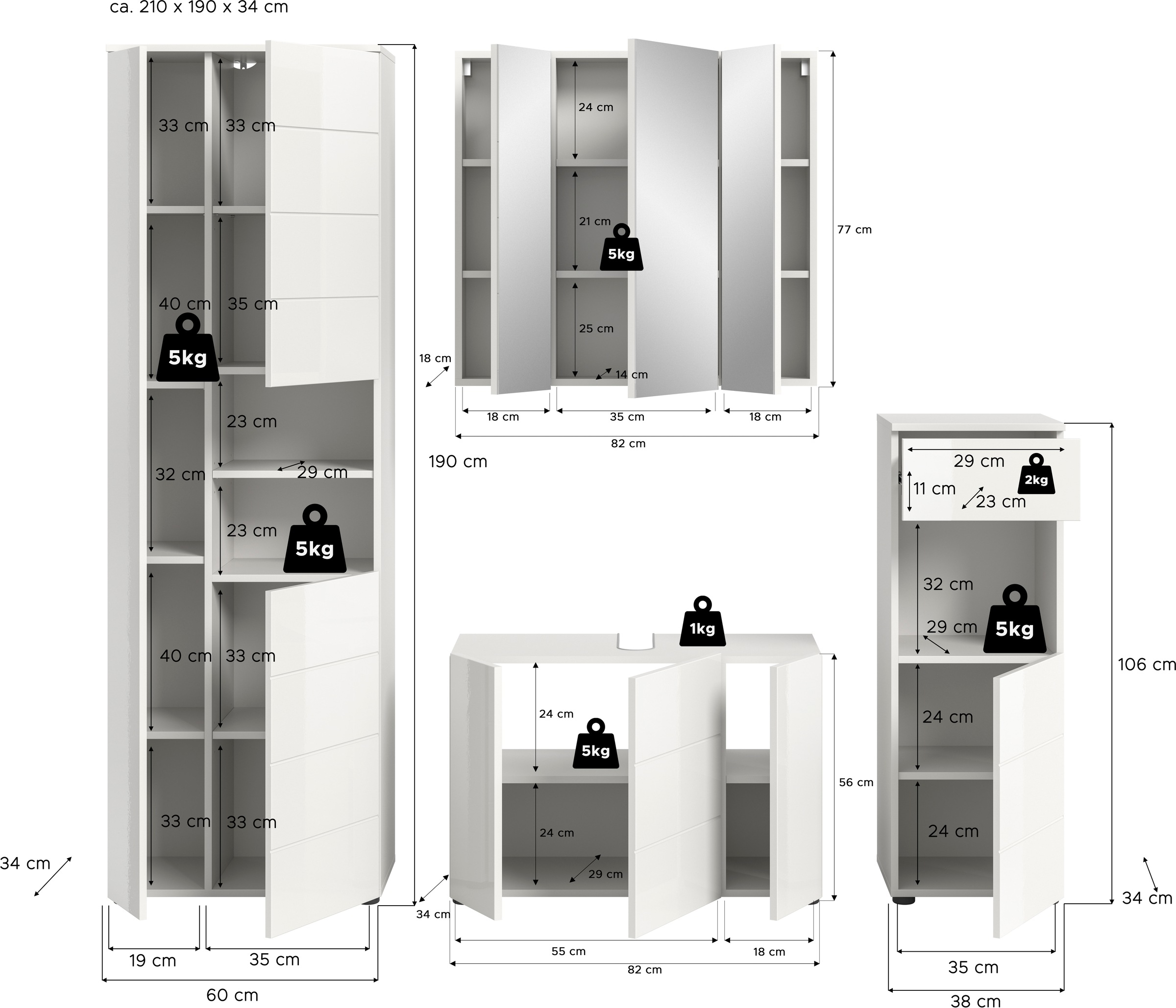 welltime Badmöbel-Set »Biel, Höhe 190 cm, Hochschrank, Unterschrank, Spiegel, Standschrank« 4 Stk. tlg.
