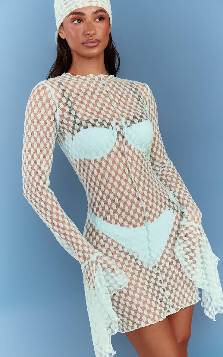 Bleu Aqua Robe De Plage Mini À Manches Évasées Transparentes Texturées