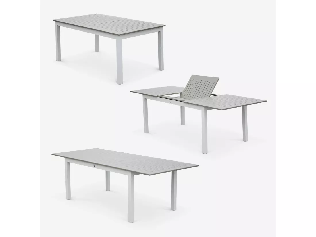 Table de jardin extensible aluminium + 8 assises - Chicago Blanc / Taupe - Table extensible 175/245cm avec rallonge et 8 assises en textilène