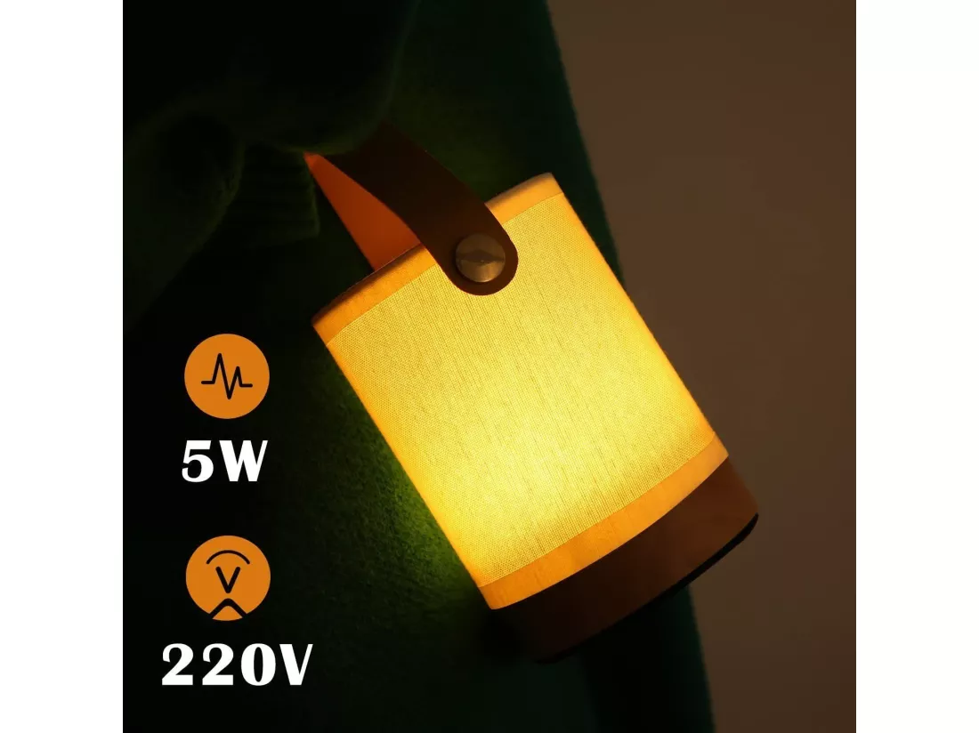 NETTLIFE Lampe de Table LED tactile, abat-jour Portable sans fil en tissu de bois avec fonction de gradation