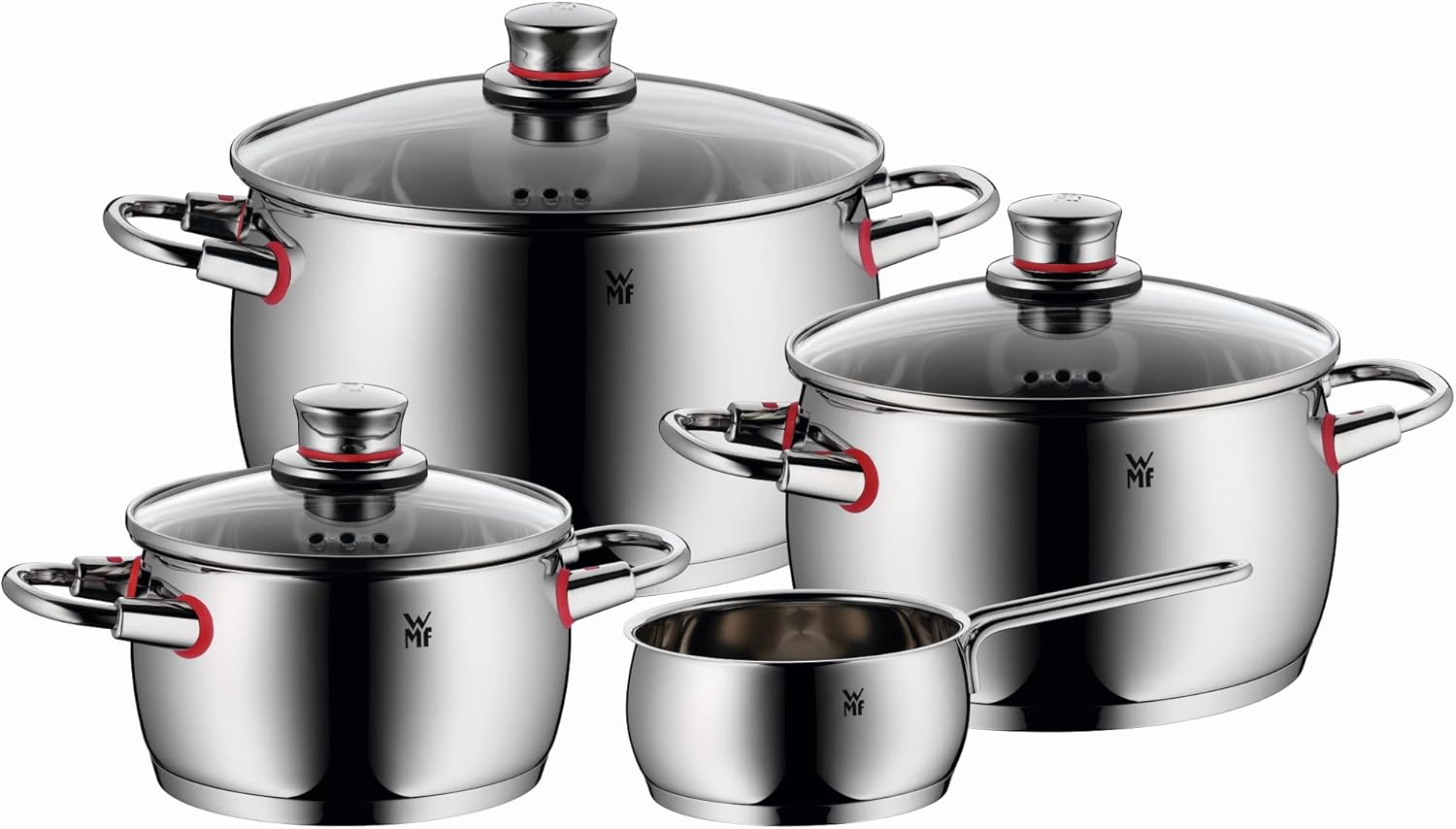 WMF Quality One Topfset Induktion 4-teilig, Kochtopf Set mit Glasdeckel, Cromargan Edelstahl poliert, Induktions Töpfe Set unbeschichtet, Dampföffnung