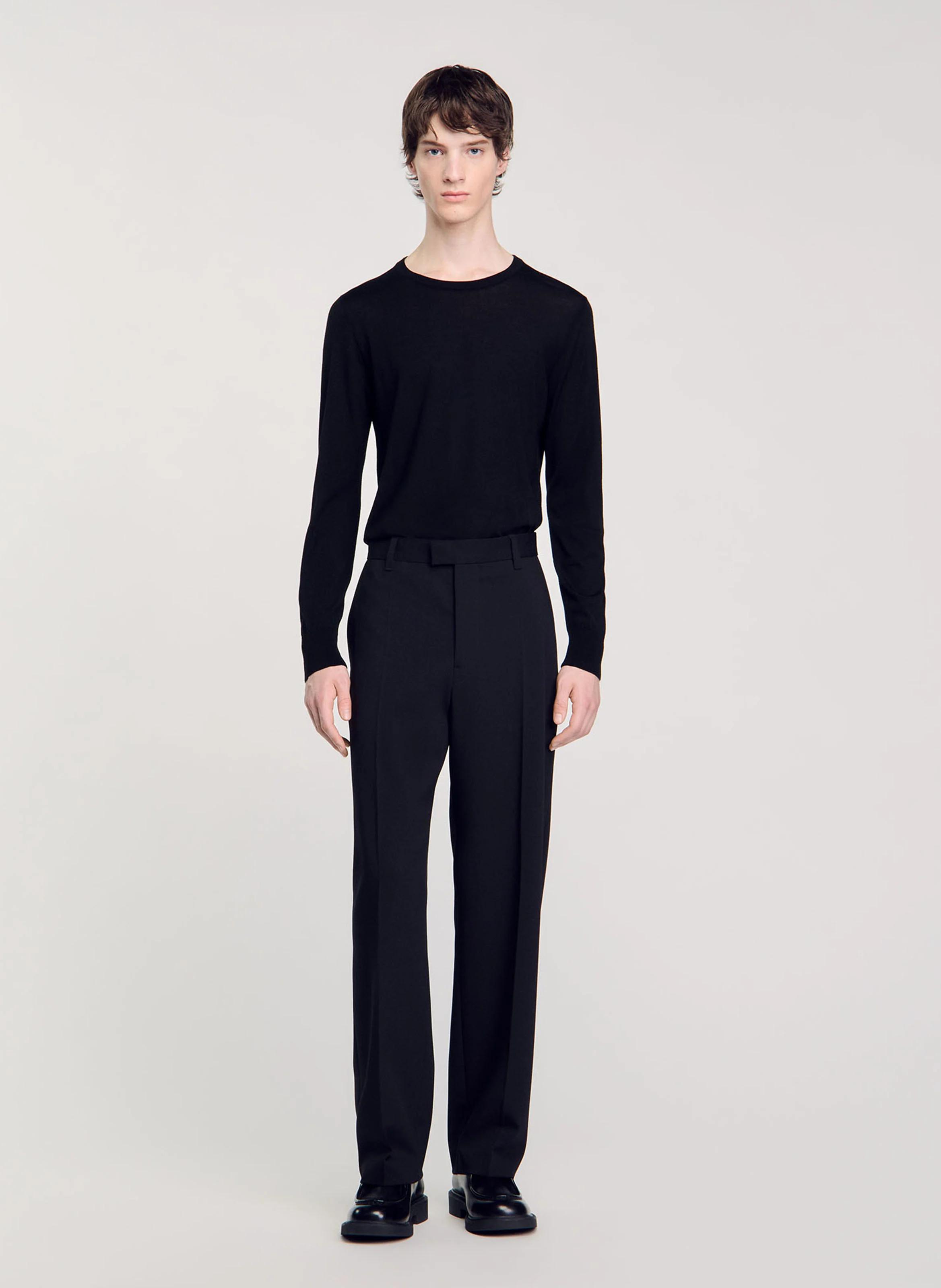 Pantalon droit en laine mélangée | Noir