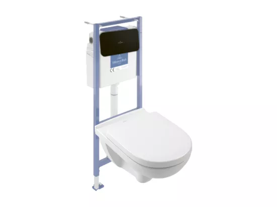 Pack WC sans bride VILLEROY ET BOCH O novo avec abattant frein de chute + bâti Viconnect PRO + plaque noir mat