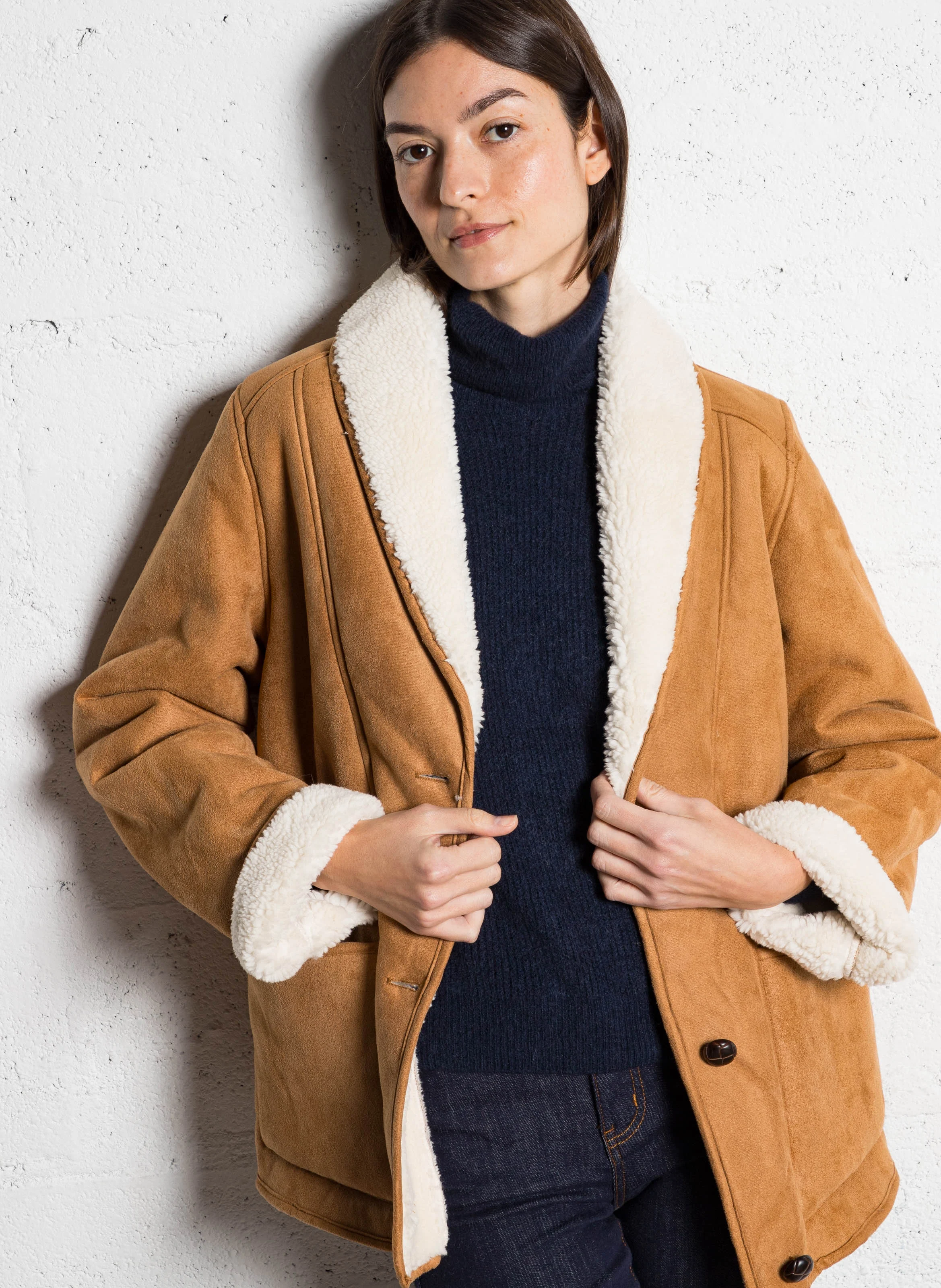 NOELIA - Veste droite col châle | Marron