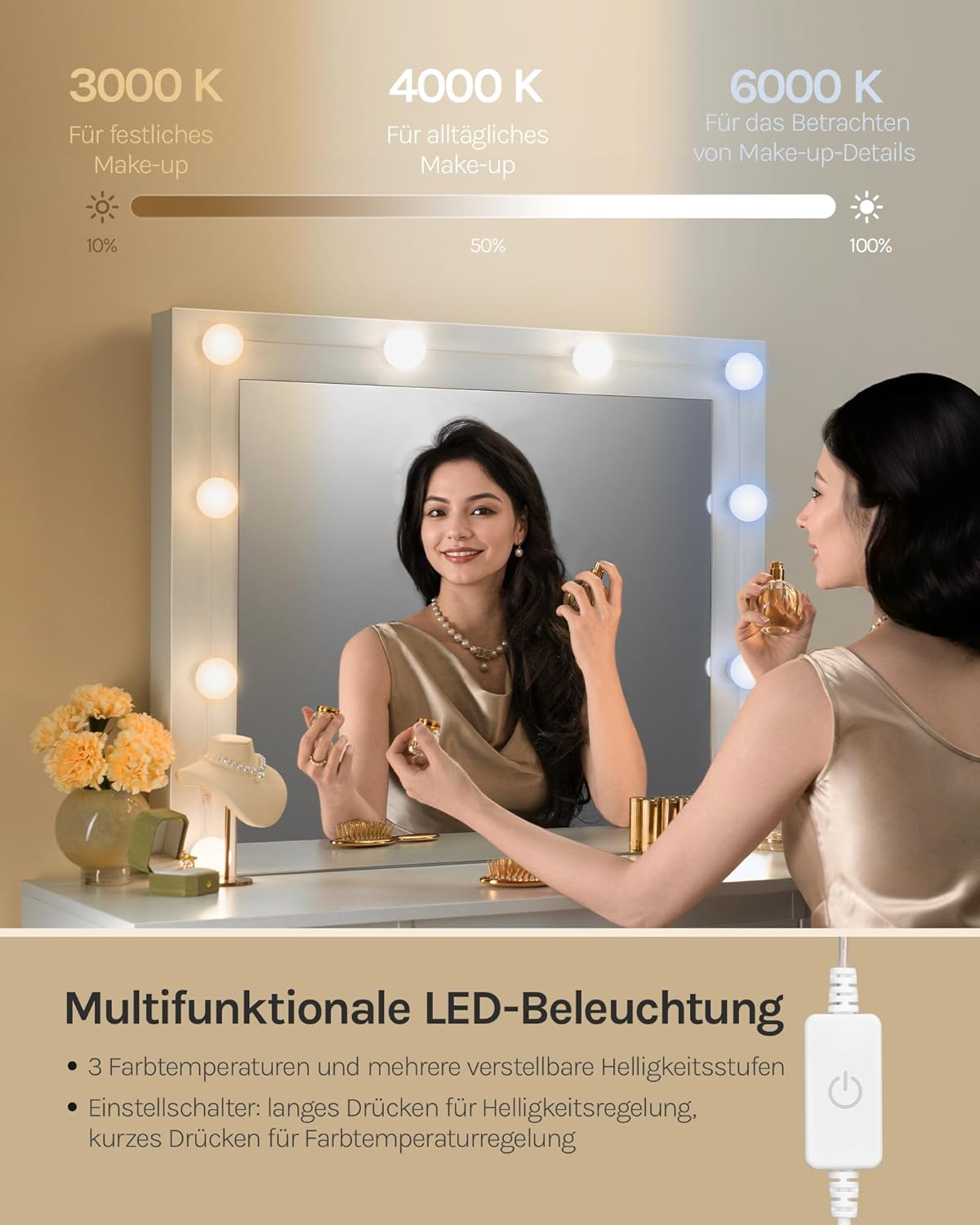 WOLTU Schminktisch mit LED-Beleuchtung, einstellbare Helligkeit, Kosmetiktisch mit großem Spiegel, Frisiertisch mit 7 Schubladen, 107x140,5x39,5 cm, für Schlafzimmer, Weiß