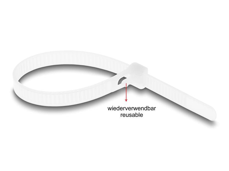 Delock Kabelbinder Weiss 150 mm x 7.2 mm, 100 Stück Delock Kabelbinder wiederverwendbar L 150 x B 7.2 mm 100 Stück weiss