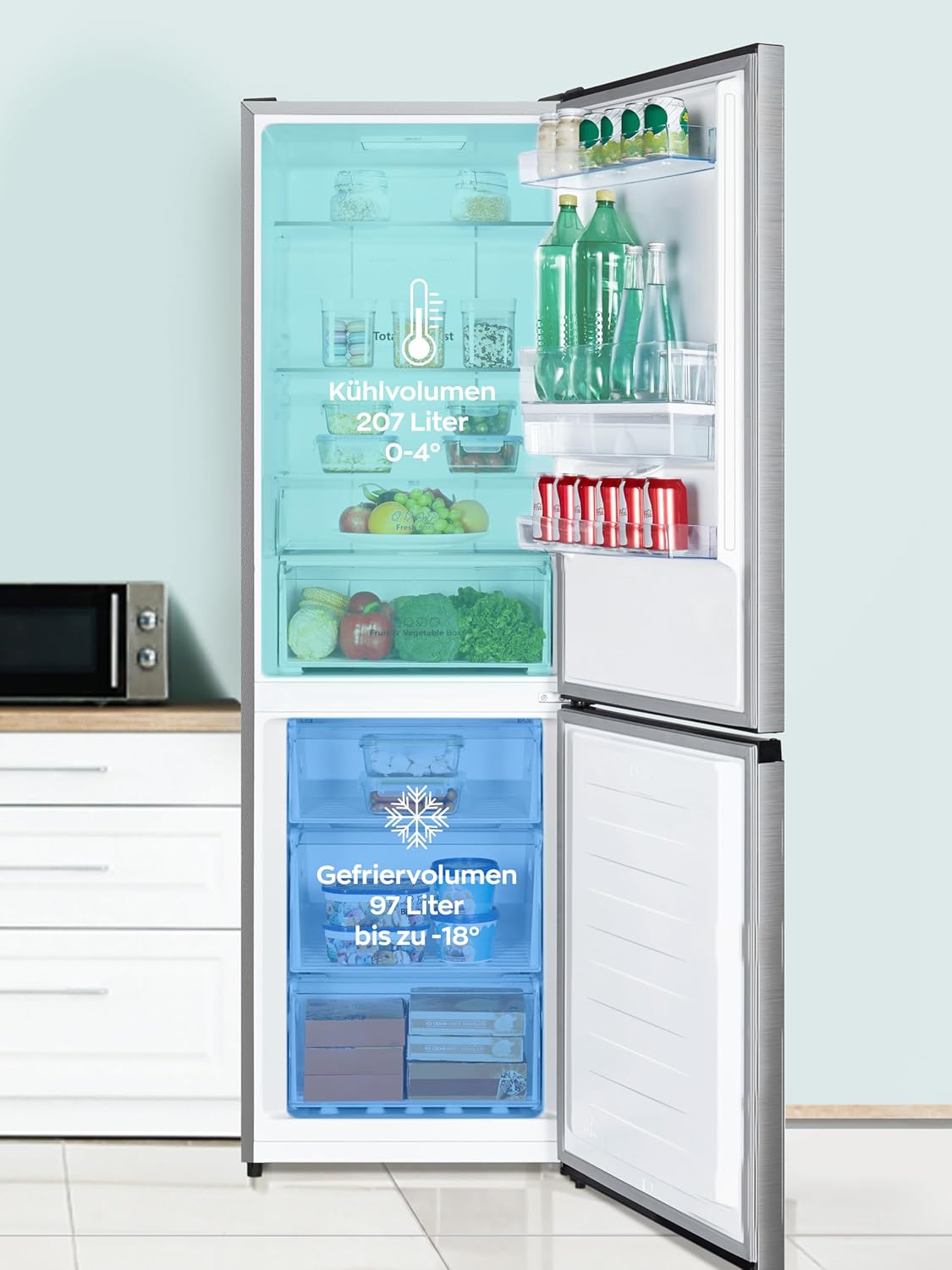 Heinrich´s Kühlgefrierkombination 304Liter, Kühlvolumen 207L, Gefrierfach 97L,LED Innenraumbeleuchtung, Kühlschrank Türanschlag wechselbar, leise 39dB,NO FROST,Temparatur Touch Bedienung,inox