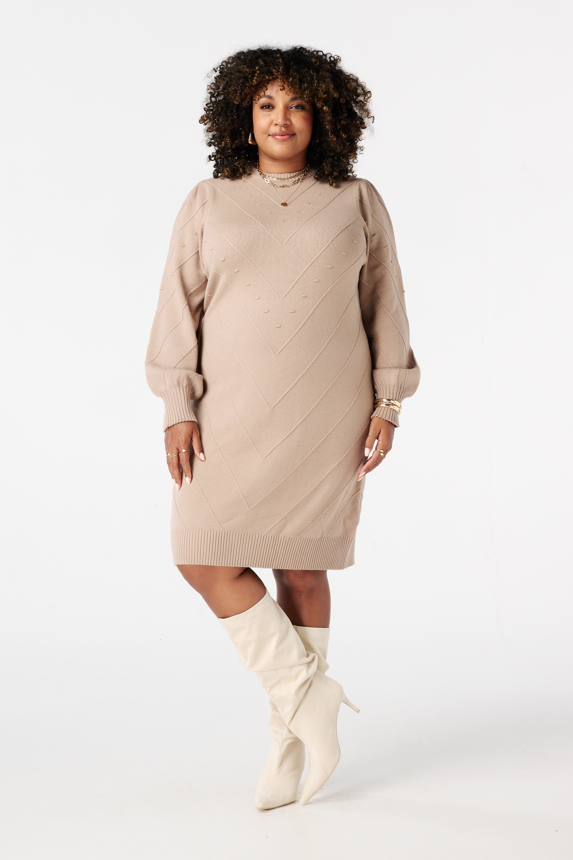Gebreide jurk met ballonmouwen Licht taupe