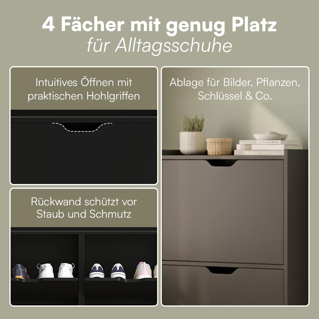Bellamio Ceyhan Schuhschrank mit 4 Klappen – Schuhkipper schwarz aus Holz – Schuhregal schmal 100x19x90cm – platzsparend Flurschrank mit 4 geschlossenen Fächern – Schuhkommode für Flur/Garderobe