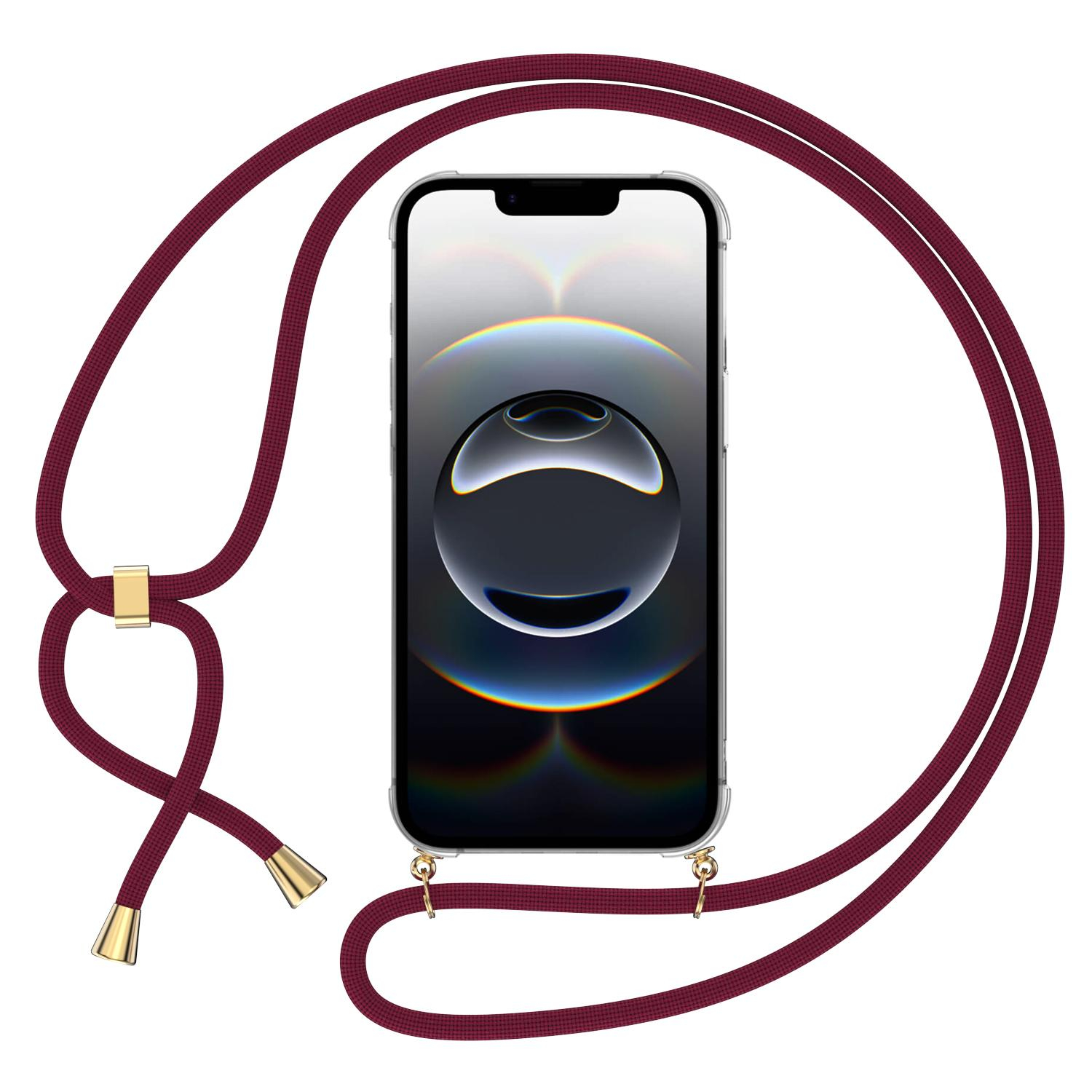 iPhone 16e Necklace Gummi Hülle Air Cushion Fallschutz   Handykette (150cm) - Dunkelrot / Gold