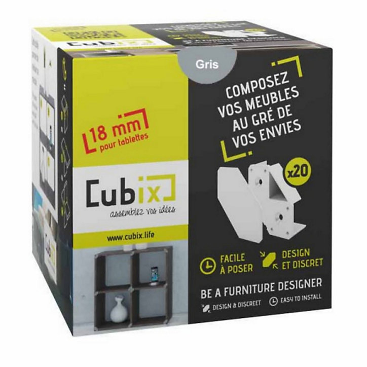 Lot de 20 supports de rangement Cubix pour tablettes de 1,8 cm, gris