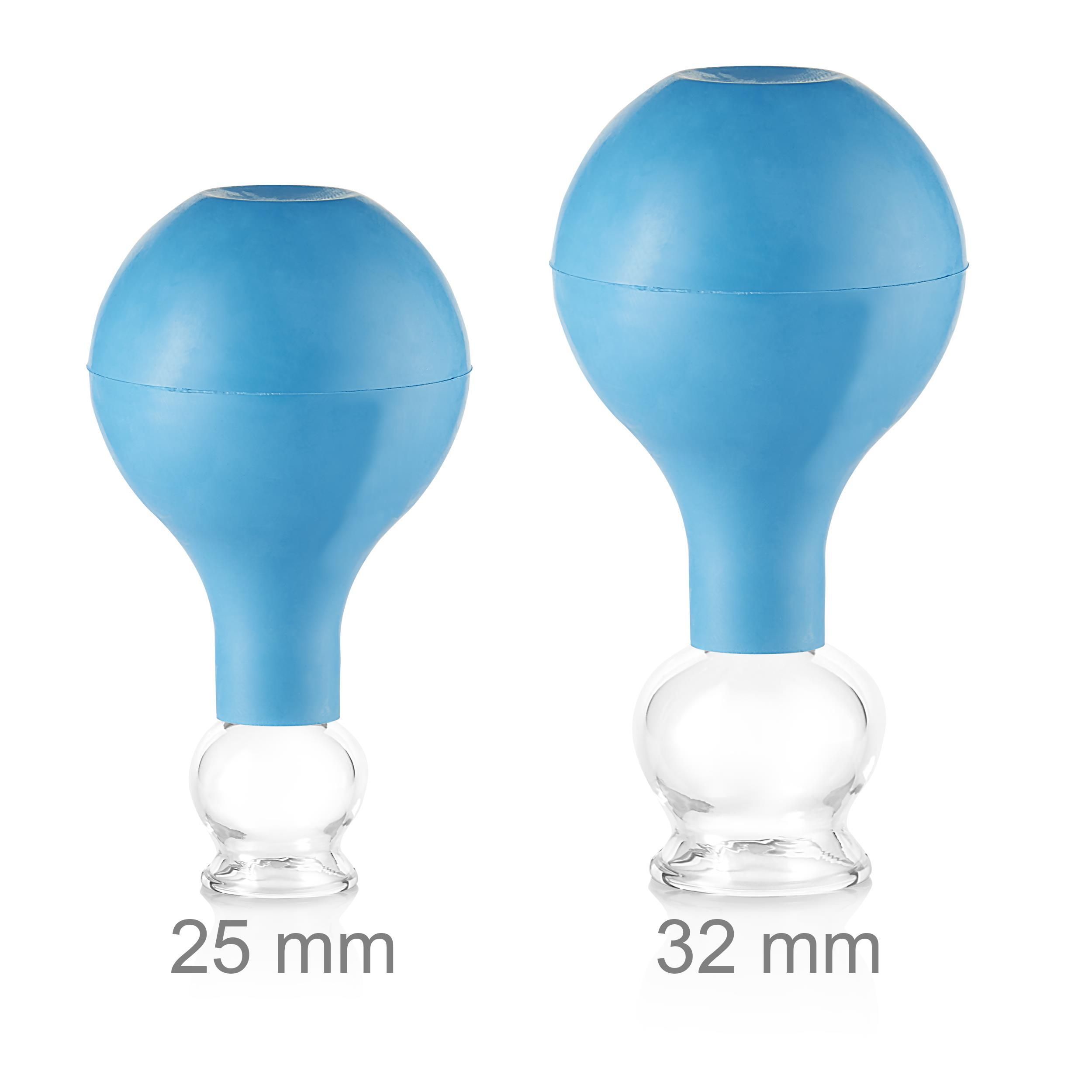 Pulox Schröpfgläser aus Echtglas mit Saugball - Set Duo klein in Blau: 25mm, 32mm
