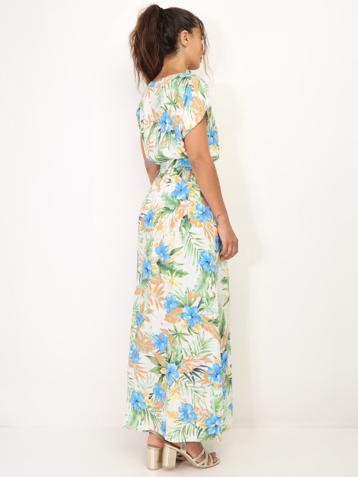 Robe ceinturée à motif fleurs et feuilles- Blanc