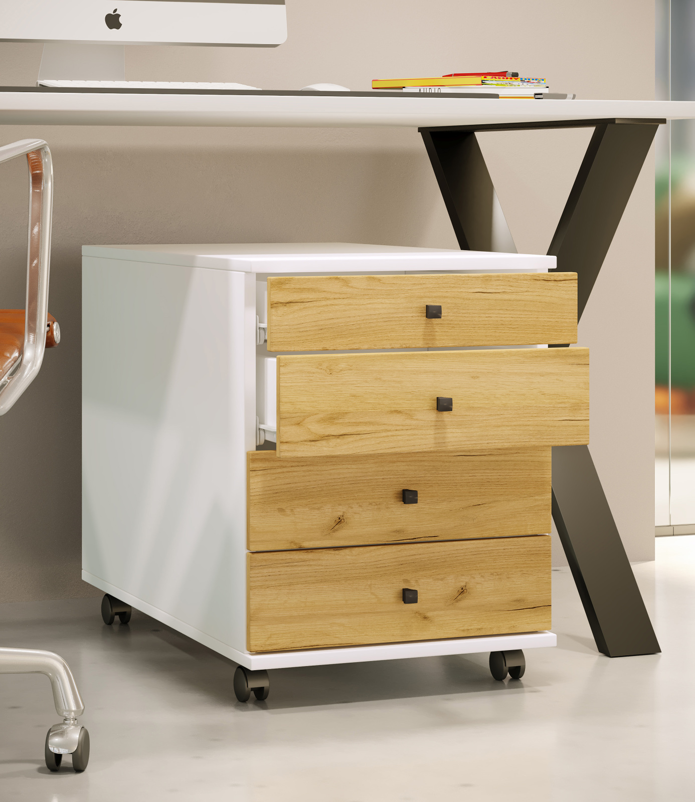 Rollcontainer LONA MAXI - weiß-Honig Eiche - 4 Schubladen