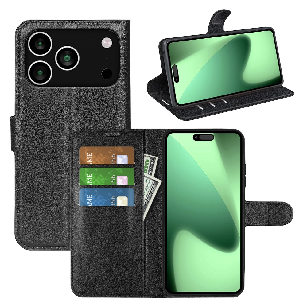 iPhone 17 Pro Max Leder Tasche Flip Cover Litchi Look - Schwarz