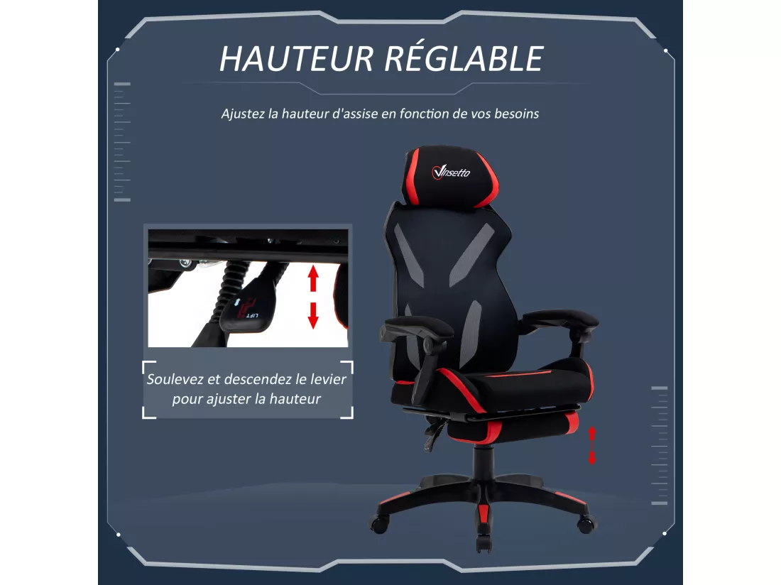 Vinsetto Fauteuil gaming chaise gamer réglable pivotant dossier inclinable repose-pied polyester rouge noir