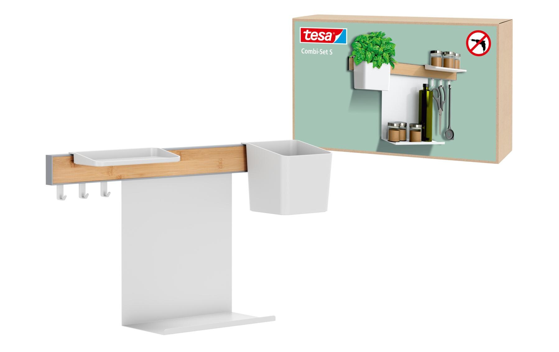 Kombi Set S WeissSelbstklebende Leiste mit Topf, Ablagen und Haken