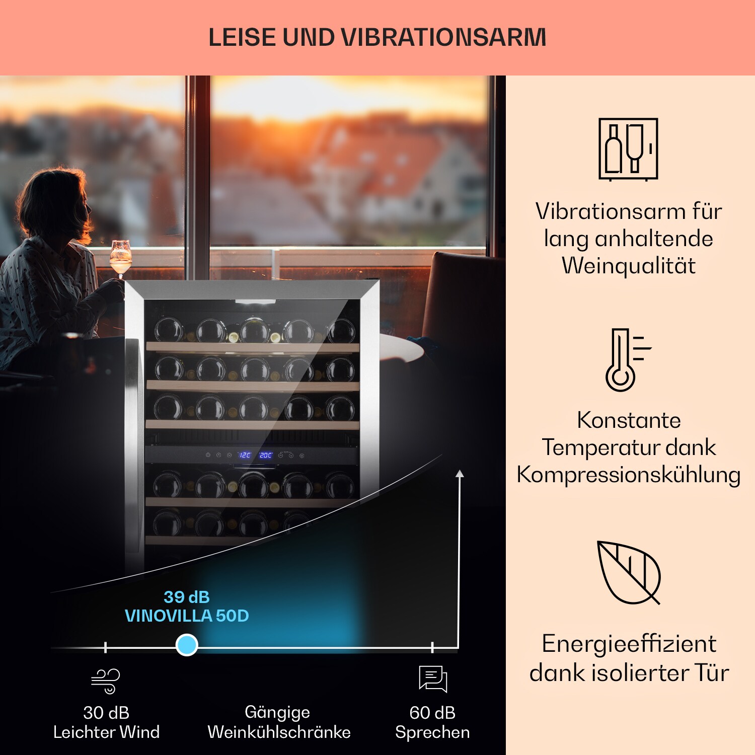 Vinovilla 50 Duo Zweizonen-Weinkühlschrank 53l 17 Fl. 3-Farben Glastür Edelstahl 2 Kühlzonen