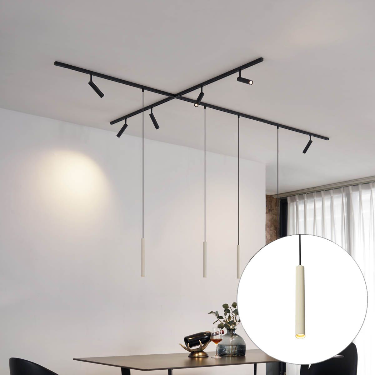 Modern railsysteem met 6 spots en 4 hanglampen beige met zwart 1-fase - Slimline Uzzy Keno