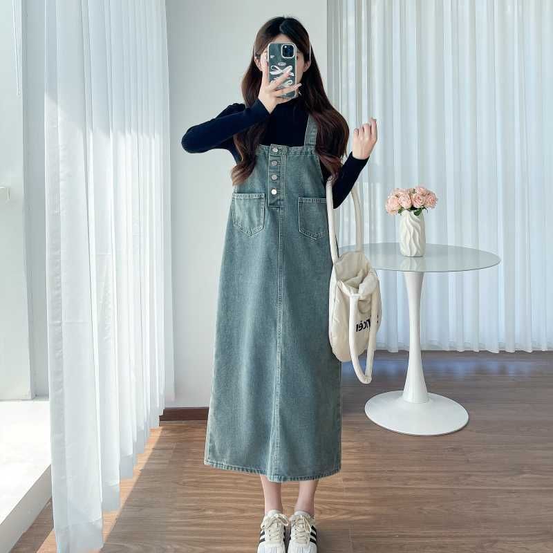 Empressa - Zwangerschapsjurk met gewassen denim, midi-jurk / T-shirt met lange mouwen en ronde hals, effen