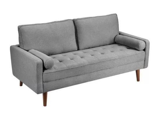 Canapé 3 places en tissu Lin gris - Scandinave - avec 2 Oreillers et Accoudoirs - Pieds bois massif - 173x77x84cm