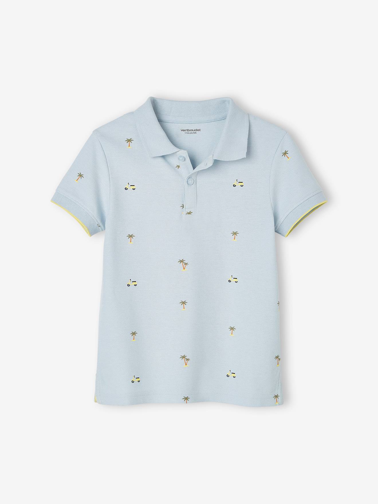 Camisa polo azul estampada em malha piqué para meninos