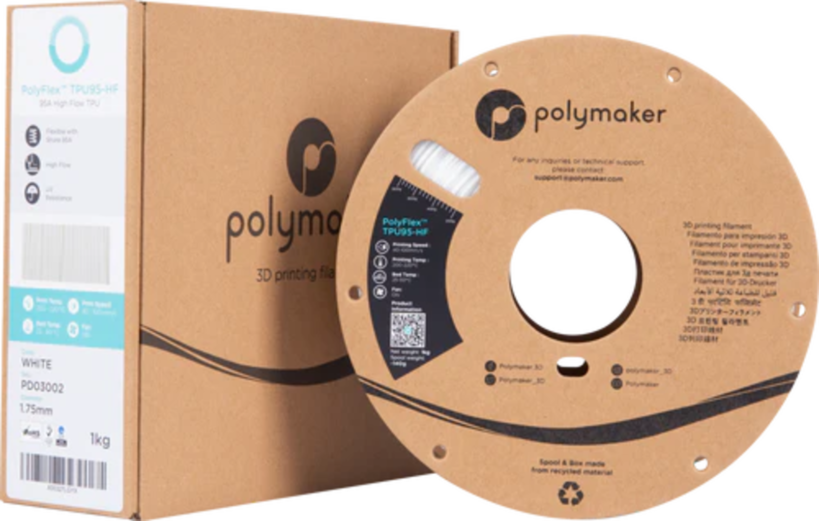 Polymaker  PolyFlex TPU95-HF Weiß, 1,75 mm (1.000 g)    Speziell für den Hochgeschwindigkeitsdruck