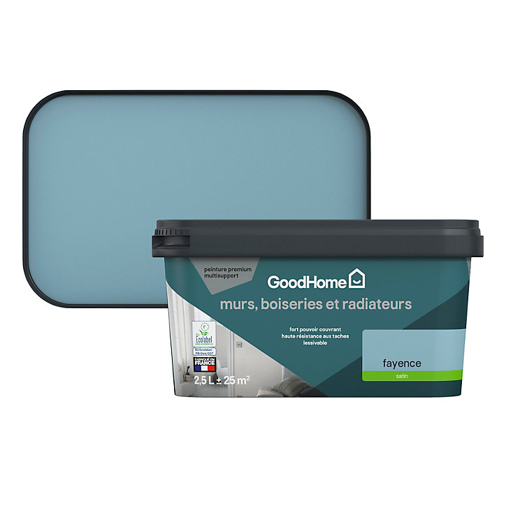 Peinture intérieure couleur murs, boiseries et radiateurs GoodHome satin fayence bleu 2.5L