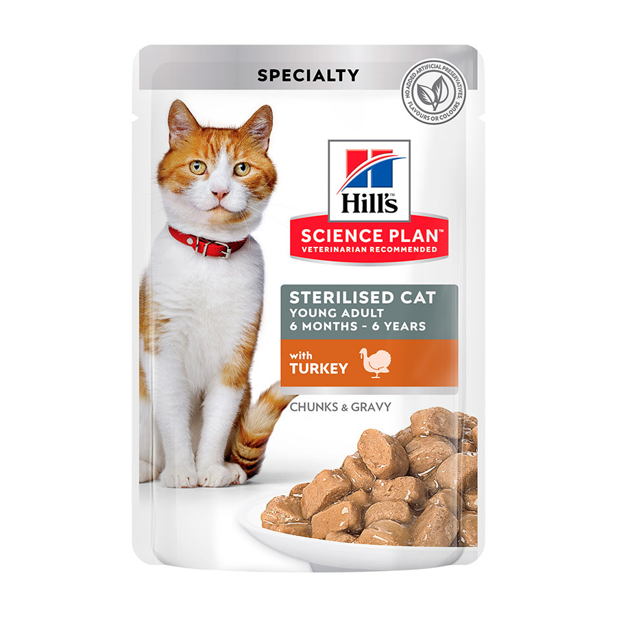 Sachê esterilizado de peru jovem adulto em molho para gatos da Hill's Science Plan