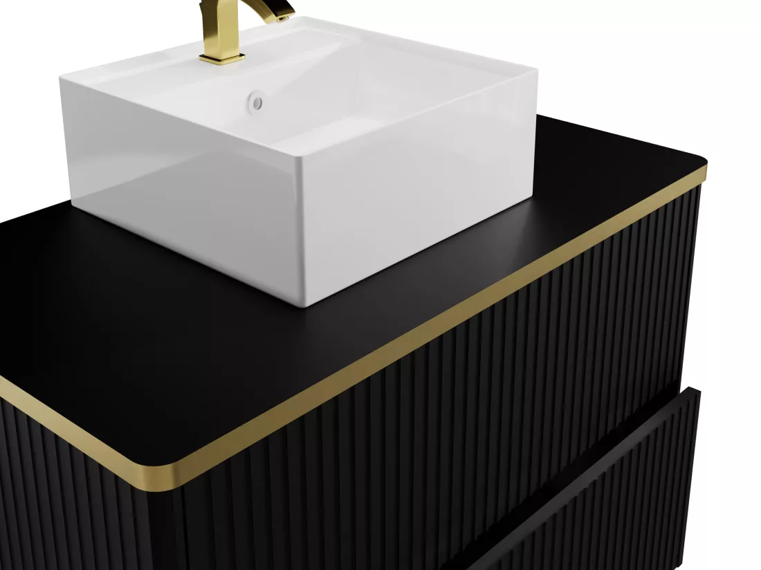 Meuble de salle de bain suspendu strié liseré doré avec vasque à poser carrée - Noir - 80 cm - KELIZA