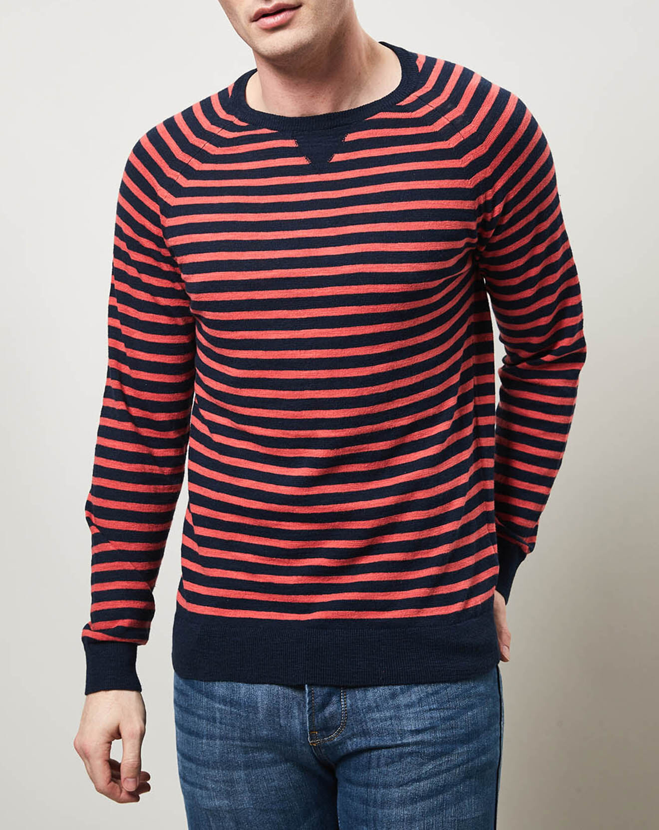 Hartford Pull fin Crew Slub Stripe bleu marine/rouge