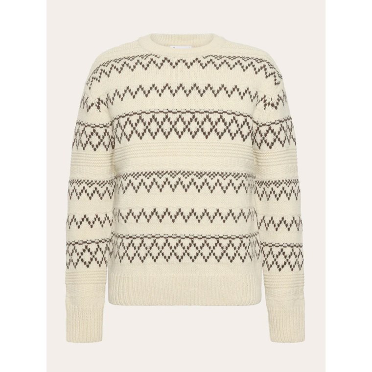 KnowledgeCotton Apparel Knitted Pattern Crew Neck Beige Stripe