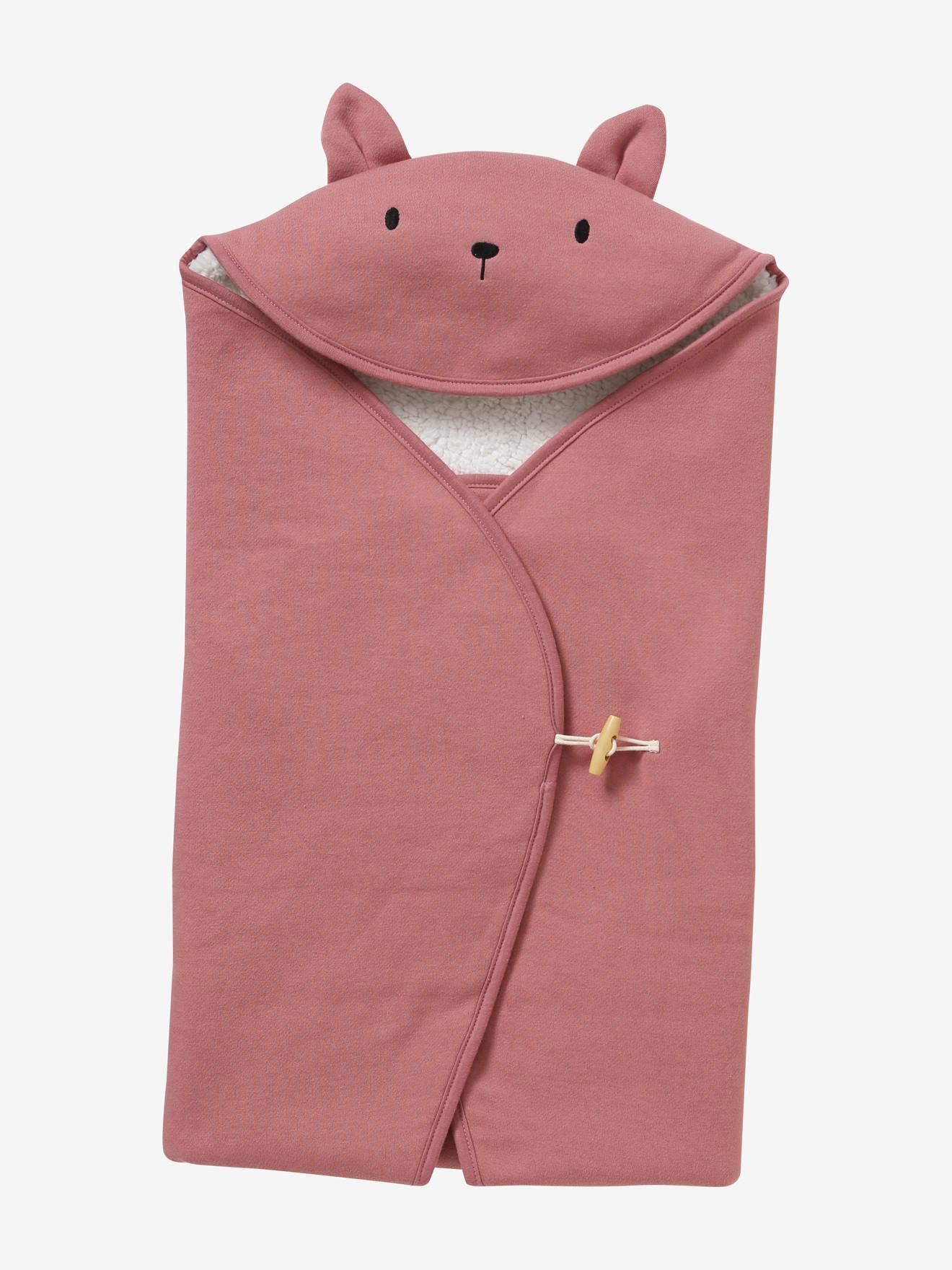 Manta para bebê com capuz e forro de pelúcia, rosa médio liso com estampas.