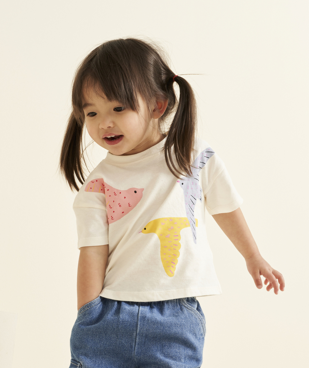 T-SHIRT MANCHES COURTES BÉBÉ FILLE EN COTON BIO ÉCRU MOTIF OISEAUX