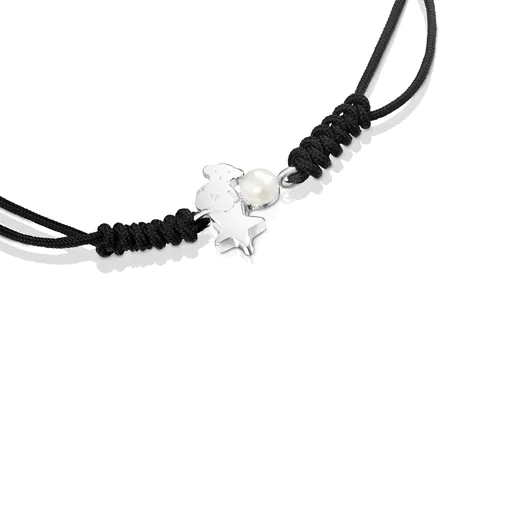 Pulseira de prata com pérola e cordão preto Noturno