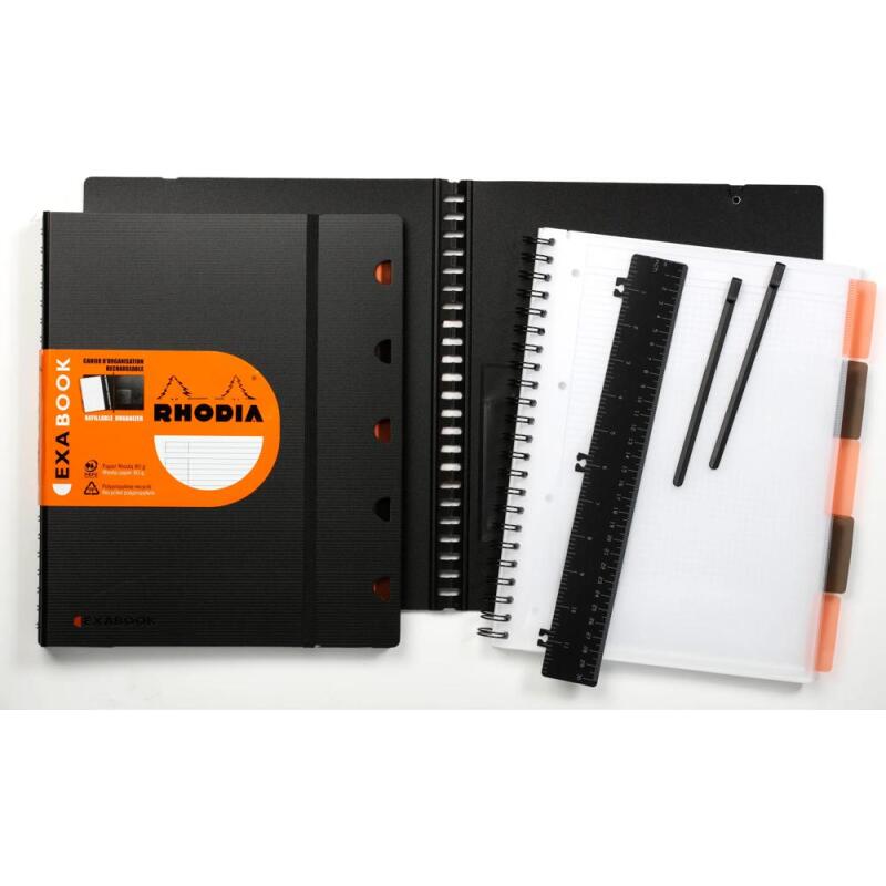 Exabook Rhodiactive rechargeable reliure intégrale A4+ 160 pages petits carreaux 5x5 avec cadre en-tête 80g - Noir