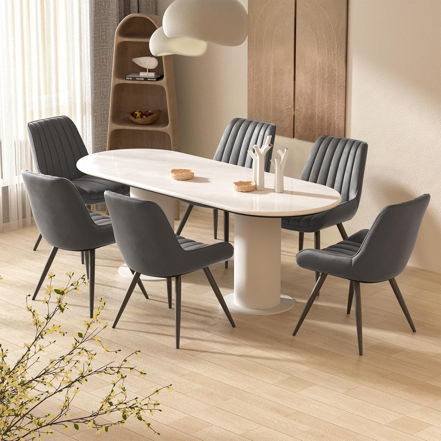 Esszimmerstühle 2er Set | Polsterstühle mit 10 cm Sitzkissen • künstlicher Stoff Dining Chair • Küchenstuhl mit Rückenlehne • Moderne Sessel • Metallbeine • Dunkelgrau FU01043DG-2