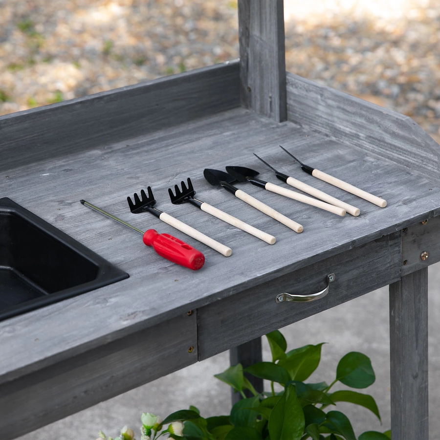 Outsunny Gärtnertisch mit Waschbecken und Rollen grau